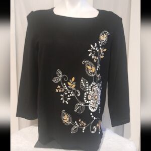Alfred Dunner - Black Embellished Floral Sweater, Size PM